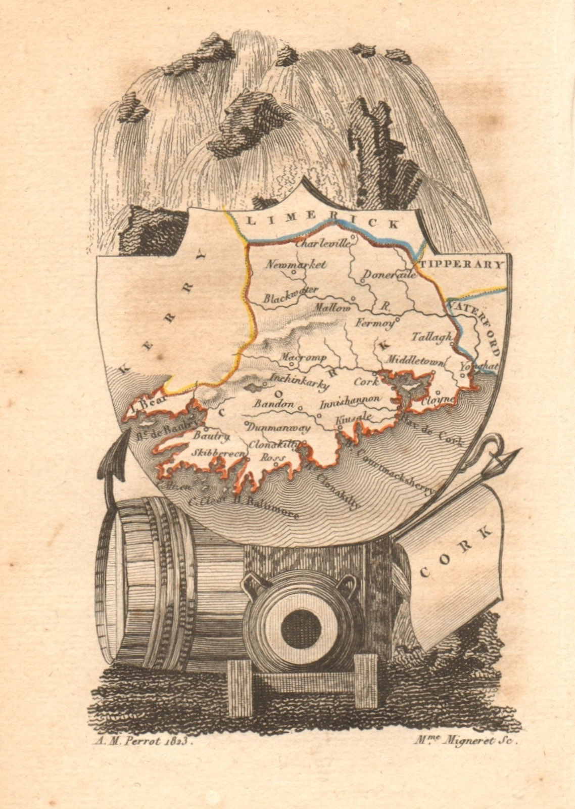CORK antique county map by PERROT. Munster 1824 old plan chart
